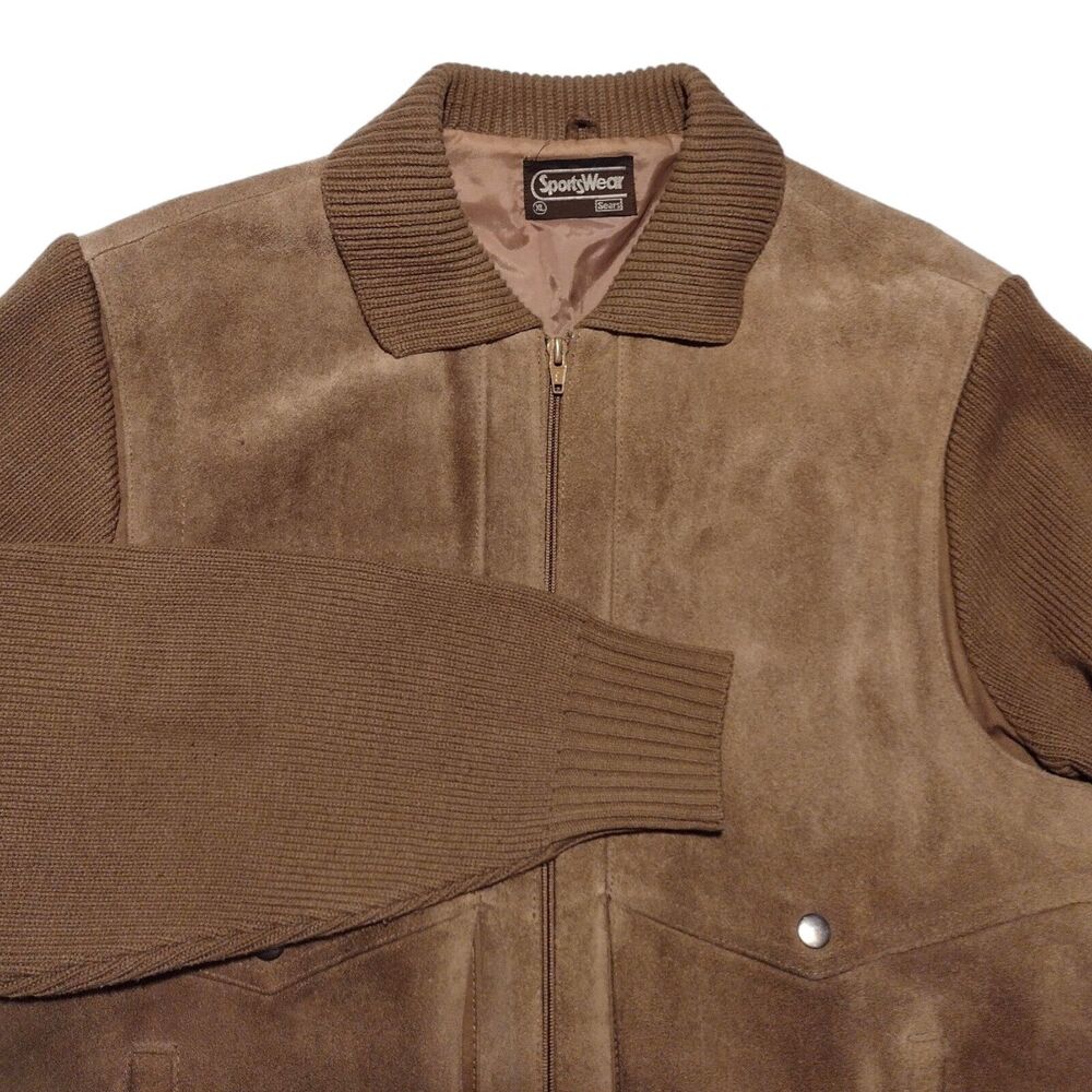 Vintage 60-70's SEARS Sportswear Leather Suede Knit Sweater Bomber Jacket XL Tan - Picture 15 of 15